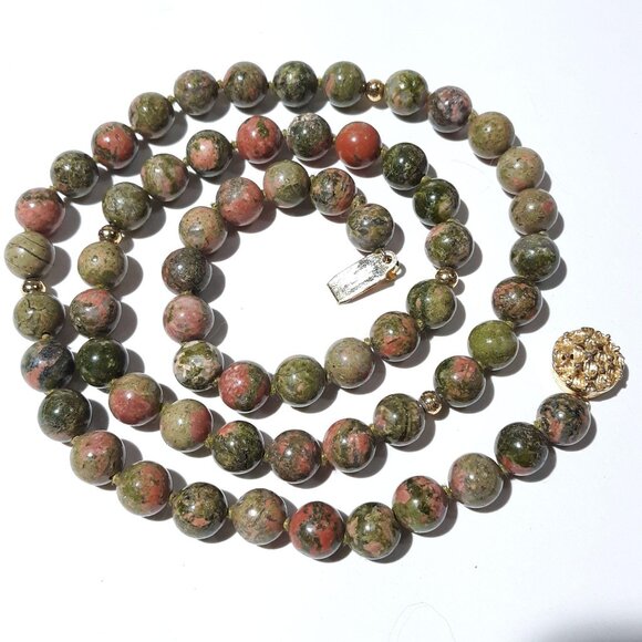 Unakite Bead Necklace 22" Knotted Single Strand Gold-tone Ornate Box Clasp - Picture 2 of 5